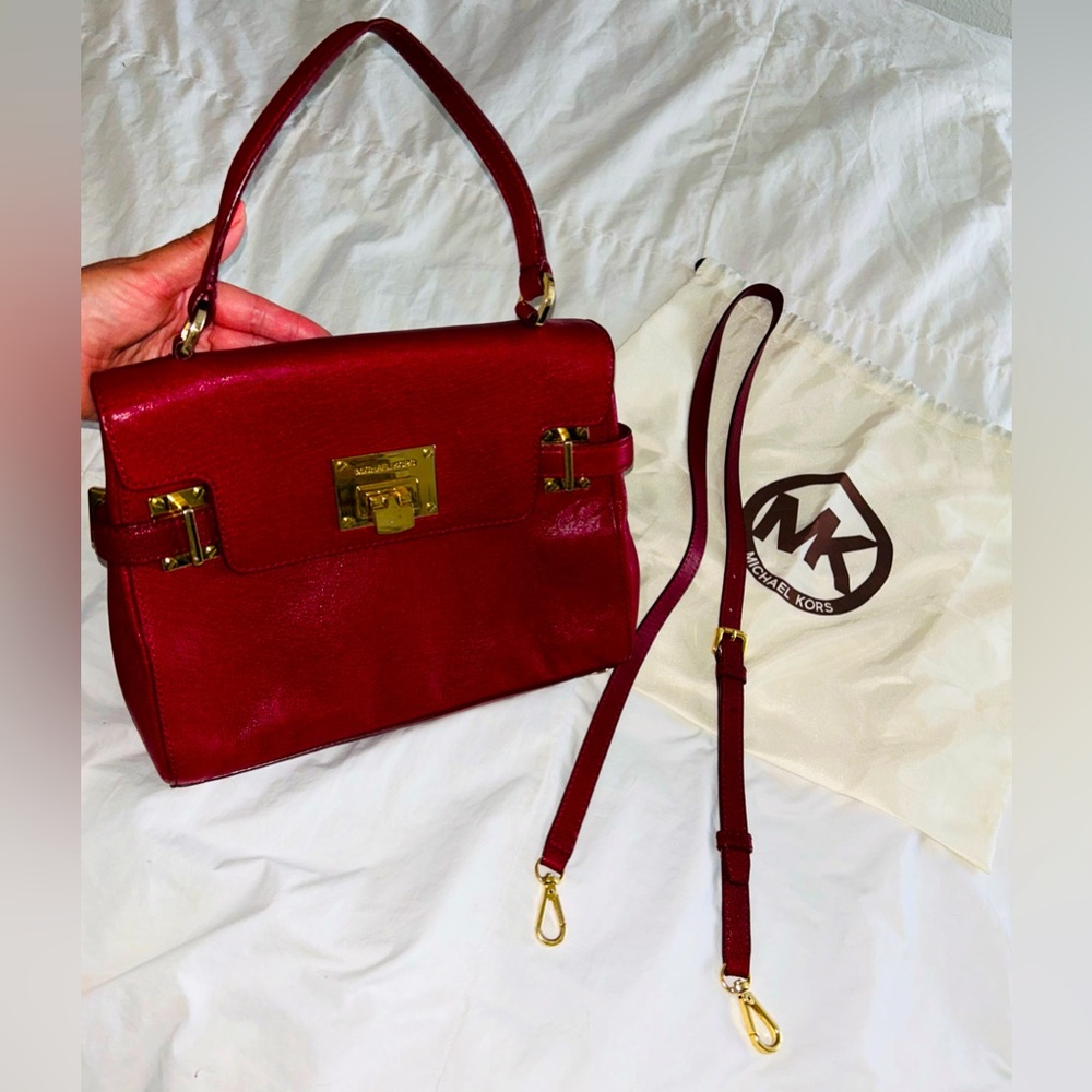 Michael Kors leather handbag burgundy shoulder cross body & dust bag 6 pockets
